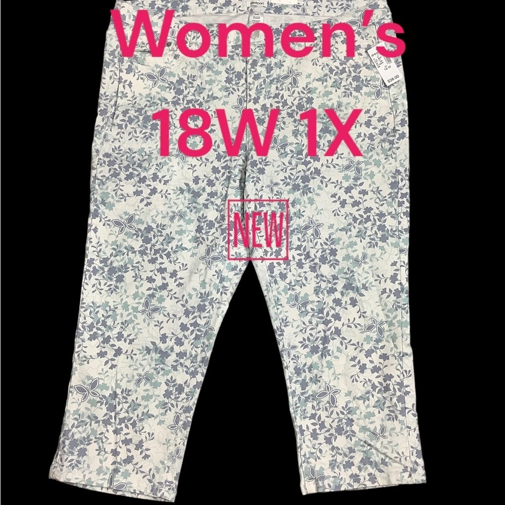 Womens Westport Dressbarn 18W Pants Capri Floral Mid Rise White Blue Stretch NWT - Picture 2 of 10